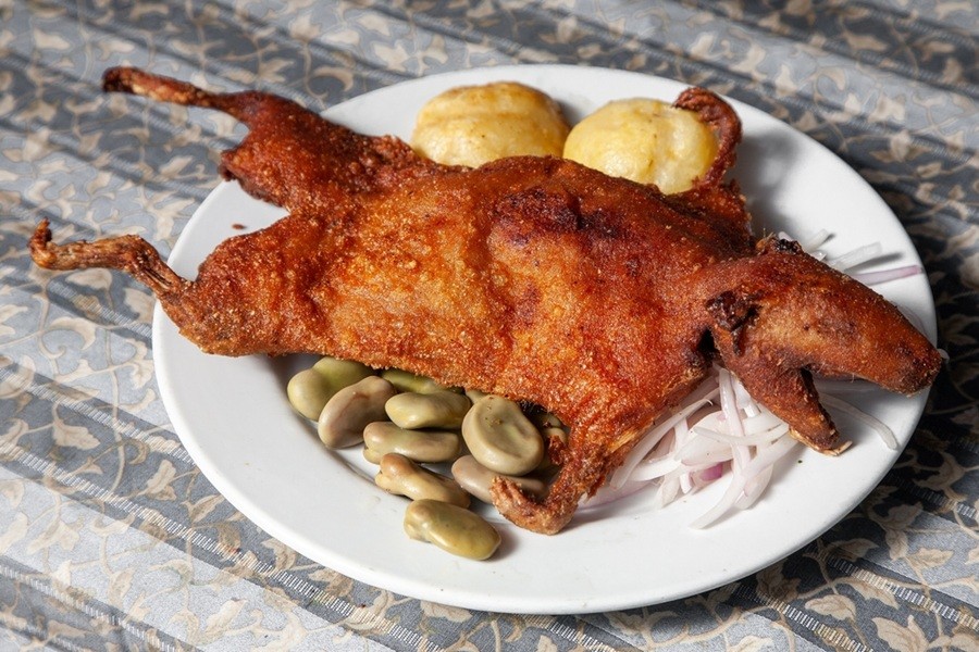 Un Cuy frito entero reposa servido en un plato blanco acompañado de habas, patatas y cebolla sobre un mantel estampado.