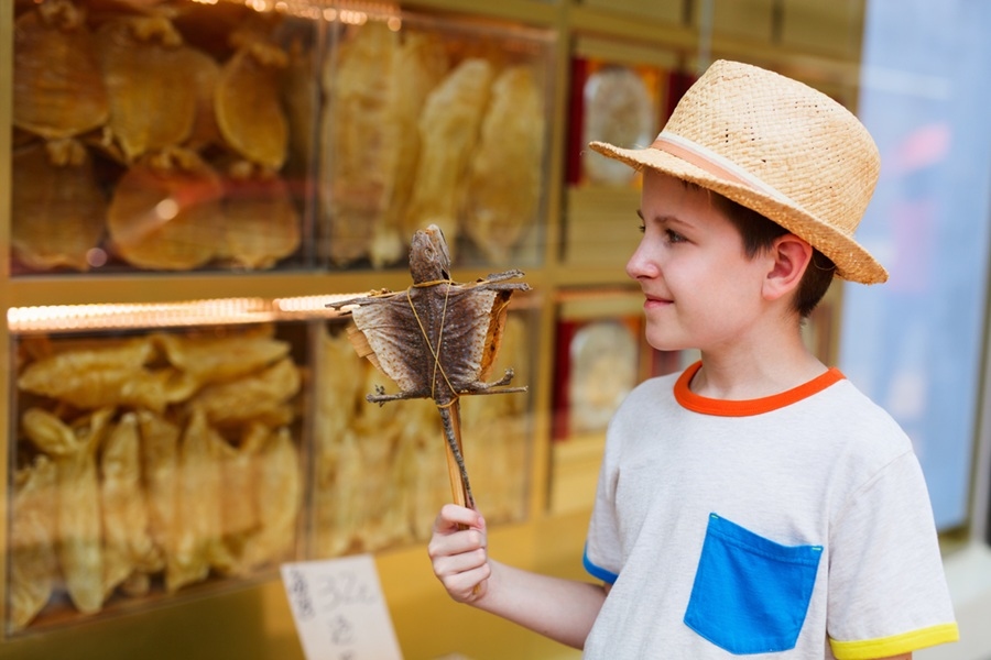 Un niño con sombrero de paja sostiene con curiosidad un lagarto disecado en un palo frente al escaparate de una tienda de productos tradicionales.