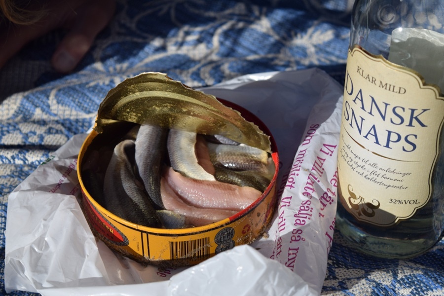 Una lata abierta de arenque reposa sobre una bolsa de plástico blanca junto a una botella de cristal sobre una manta estampada azul.