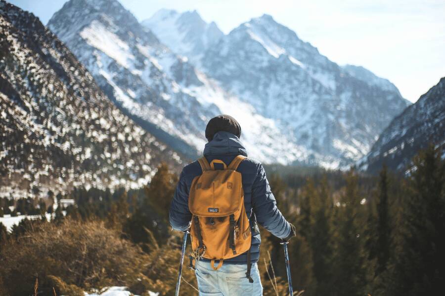 Un excursionista con mochila y bastones se para mirando hacia picos de montañas nevadas en la distancia.