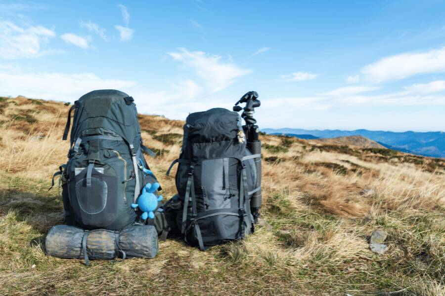 Dos mochilas de senderismo con equipamiento están apoyadas en un campo de hierba alta y seca bajo un cielo azul.