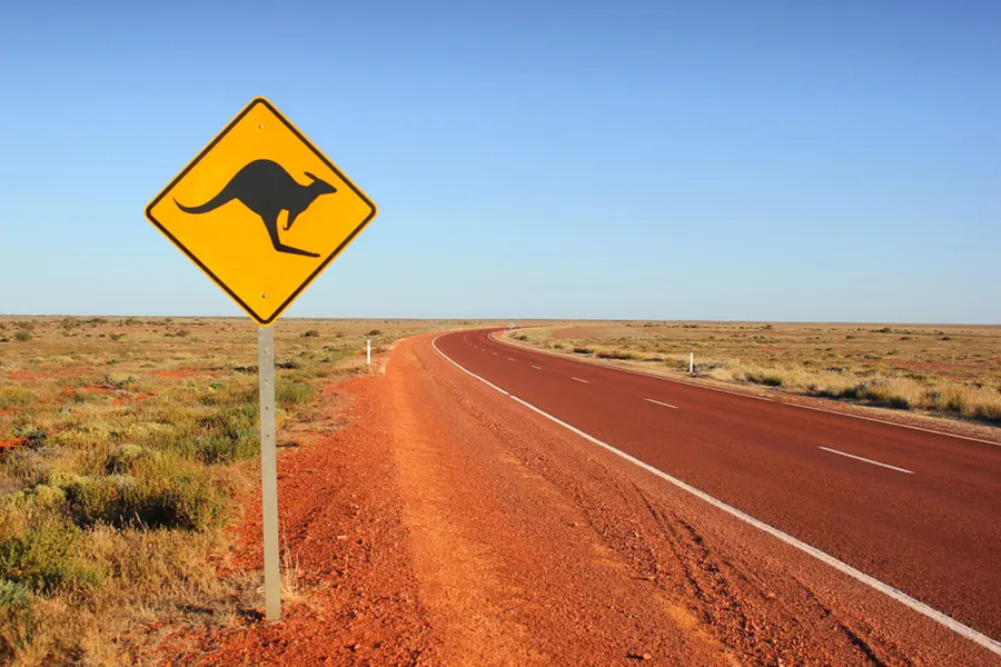 Una señal amarilla de advertencia con la silueta de un canguro se alza junto a una carretera asfáltica en un paisaje desértico australiano de tierra roja y cielo despejado.