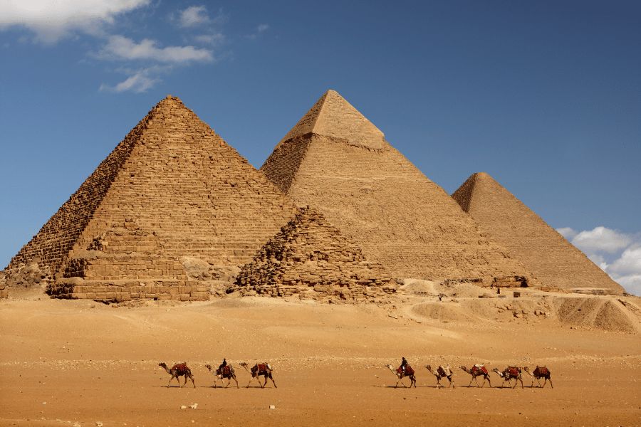 piramides en egipto con 8 camellos en el desierto bajo un cielo azul despejado