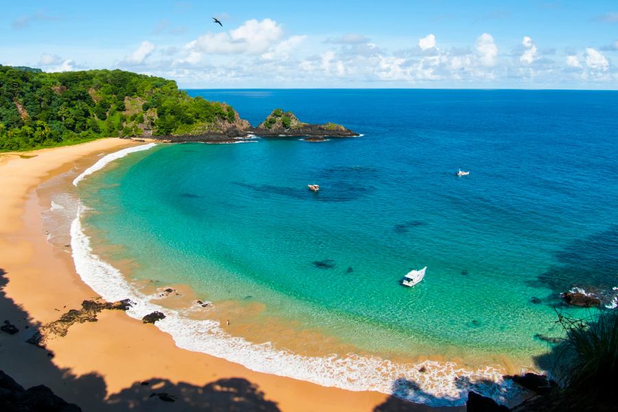 Vista panorámica de Baía do Sancho en Fernando de Noronha Brasil con sus aguas color esmeralda y acantilados con vegetación exótica.