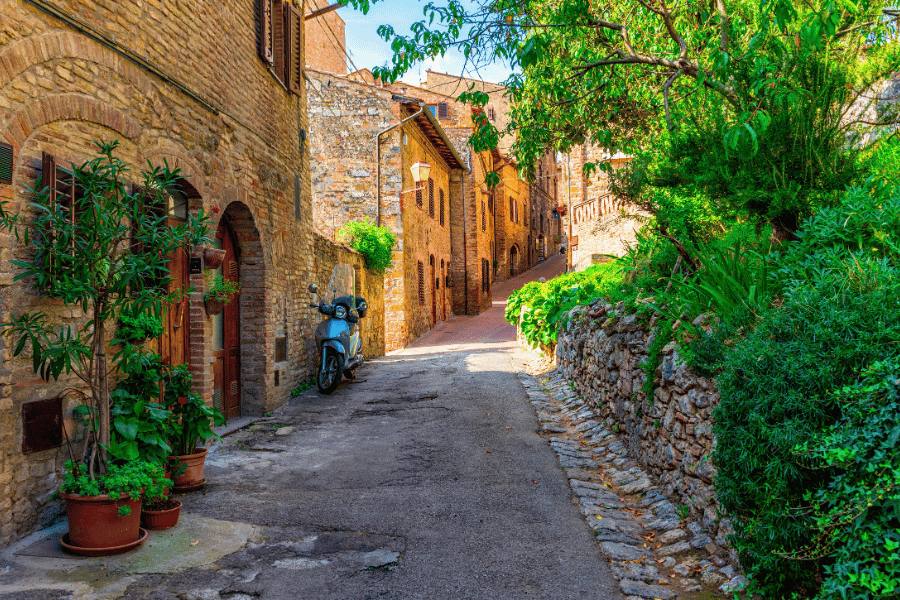 Callejón adoquinado estrecho flanqueado por antiguas casas de piedra con macetas, en un pueblo medieval de la Toscana, Italia, bajo un cielo soleado.