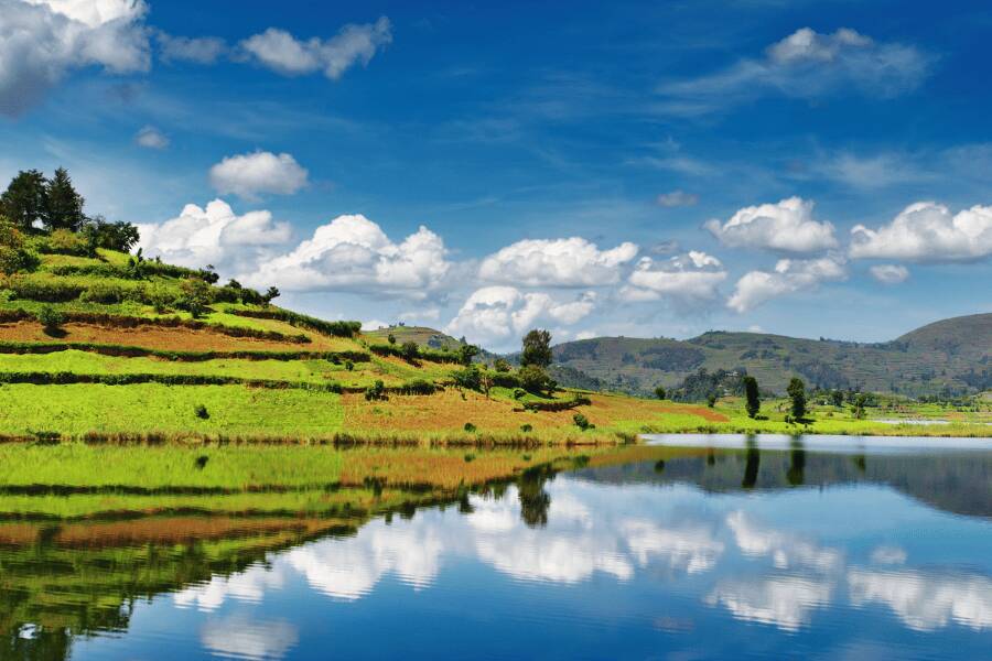 Colinas verdes escalonadas se reflejan en las aguas tranquilas del lago Bunyonyi bajo un cielo azul con nubes blancas.